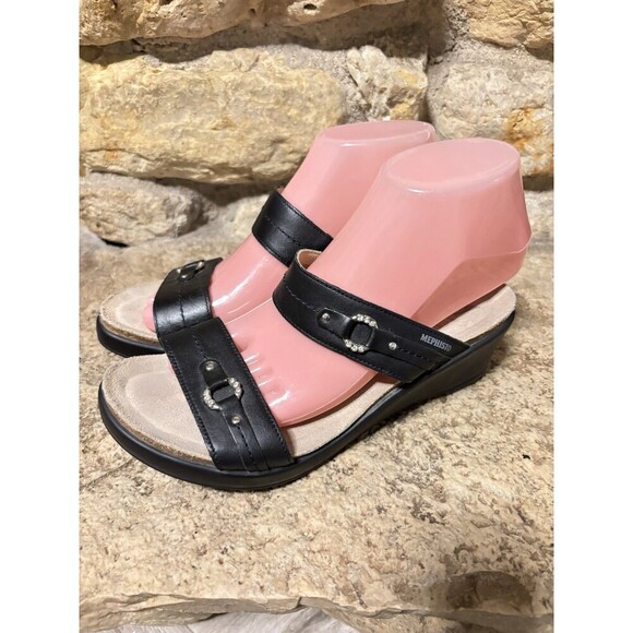 MEPHISTO Air Relax Naiade Black Leather Wedge 2 Strap Rhinestone Sandals 38 7.5 - Picture 8 of 11